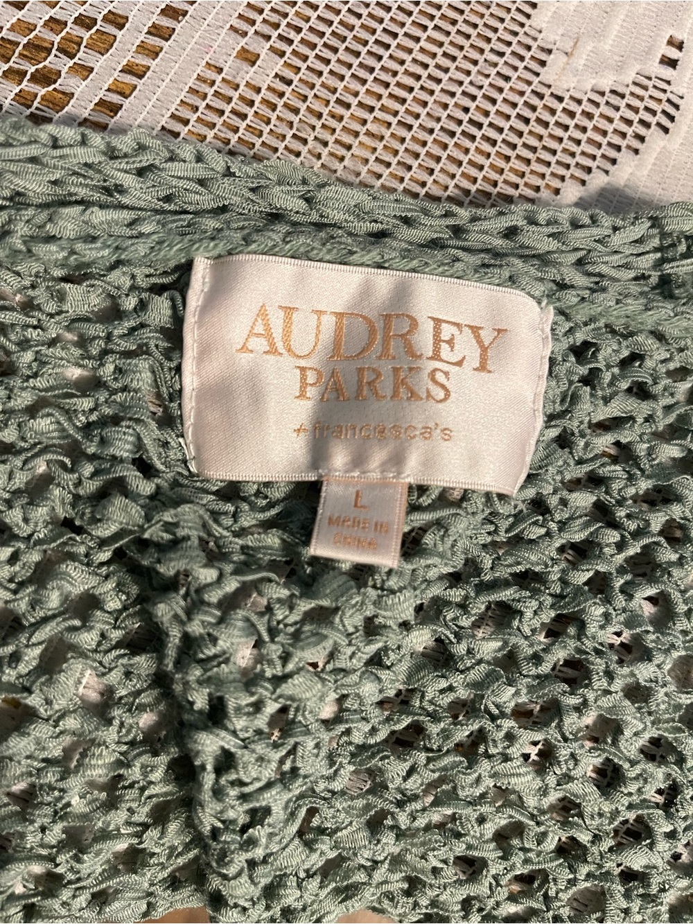 Audrey parks boho Lightweight Olive Green Crochet Fringe Cardigan Sweater L - Picture 7 of 14